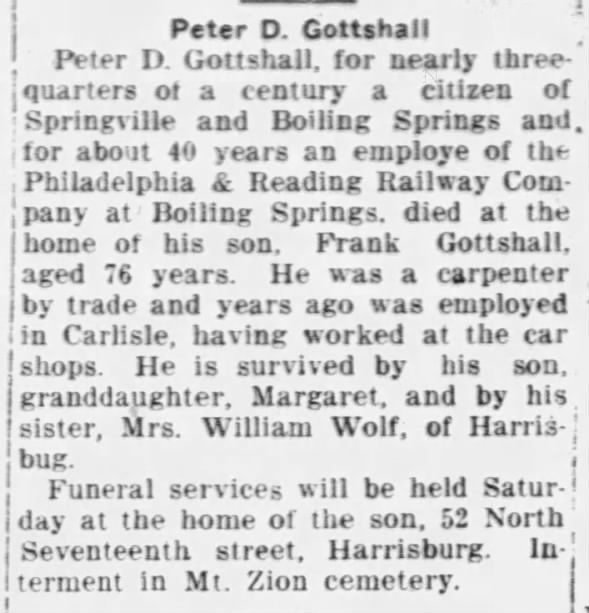 Gottshall, Peter D. obit